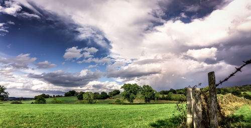 Scenic view of grassy field against cloudy sky