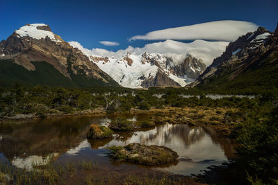 Scenic view of lake and snowcapped mountains against sky