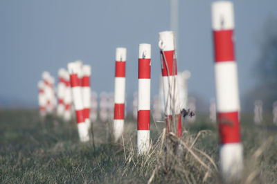 Surface level of poles on landscape against clear sky