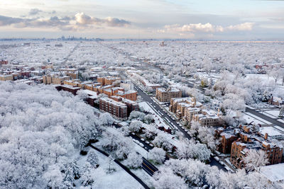 High angle view of trees and buildings against sky