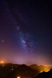 Scenic view of mountains against sky at night