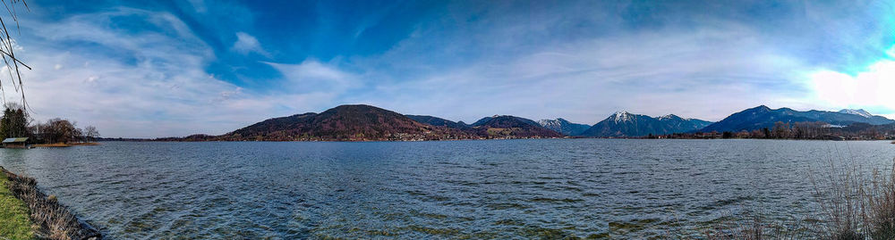 Panoramic view of sea and mountains against sky