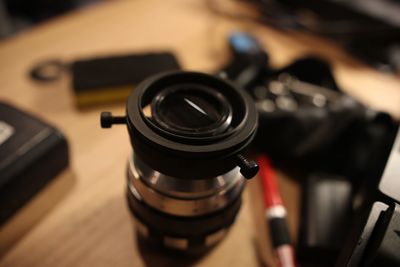High angle view of camera on table