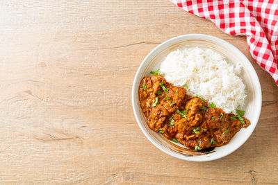 High angle view of food in bowl on table