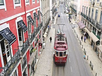 High angle view of cable car amidst buildings in city