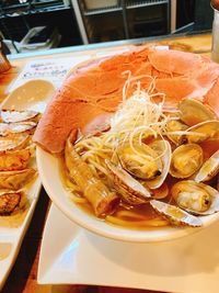 High angle view of food in plate on table