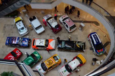 High angle view of toy car on table