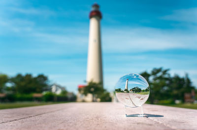 Close-up of lighthouse on land against sky