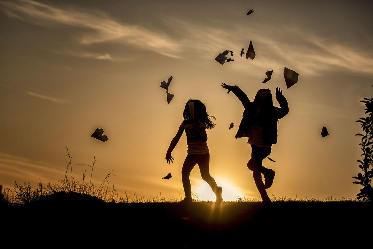 silhouette, sunset, sky, leisure activity, togetherness, lifestyles, boys, men, full length, childhood, field, cloud - sky, enjoyment, orange color, nature, friendship, bonding, standing