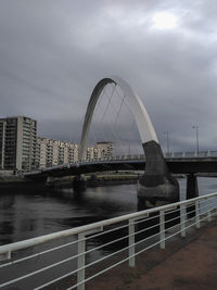 Bridge over river against sky in city