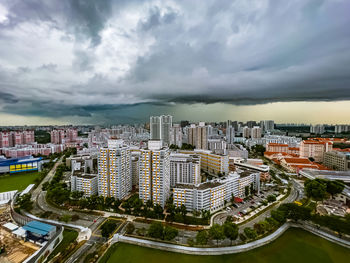 High angle view of buildings against sky