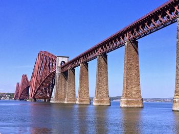 Low angle view of forth rail bridge over water against clear blue sky