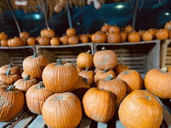 Close-up of pumpkins for sale at market stall