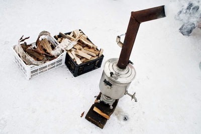 High angle view of traditional equipment on field