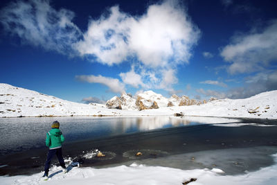 First snow on dolomites, walking on altopiano della rosetta