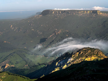 Aerial view of landscape and mountains against sky