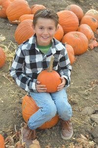 Portrait of boy with pumpkins sitting on field