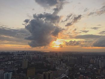 High angle view of cityscape at sunset