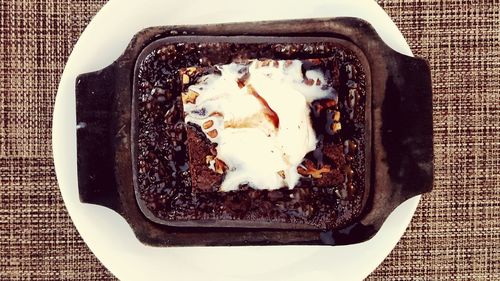 High angle view of ice cream in plate on table