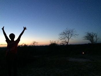 Silhouette of person standing on landscape at sunset