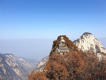 Panoramic view of building and mountains against clear blue sky