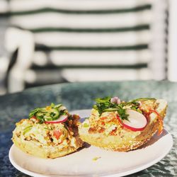 Close-up of breakfast served on table