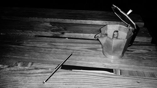 High angle view of sticks on wooden table