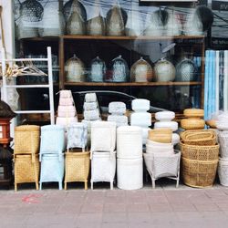 Close-up of objects in shelf