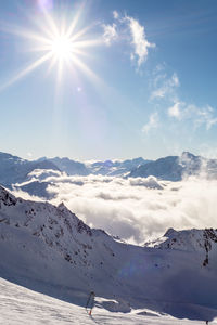 High angle view of snow covered mountains against sky