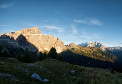 Panoramic view of rocky mountains against blue sky