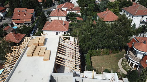 High angle view of buildings in town
