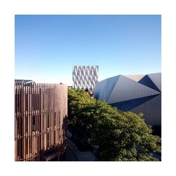 Low angle view of trees against clear blue sky