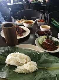 Close-up of food served on table