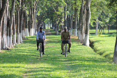 Men riding bicycles on grassy field at park