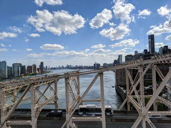 Bridge over river against buildings in city