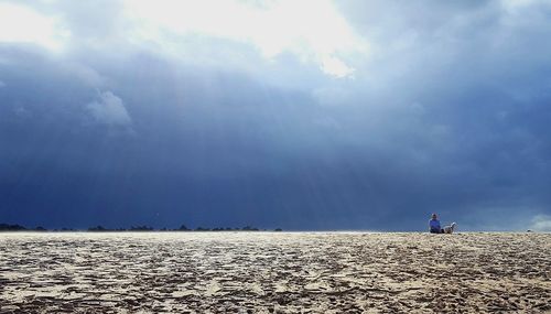 Man sitting with dog at beach against cloudy sky