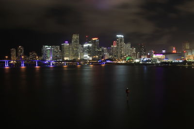 Illuminated city by river against sky at night