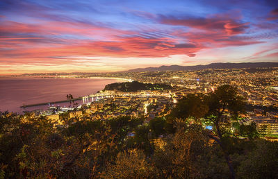 High angle view of nice against sky at sunset
