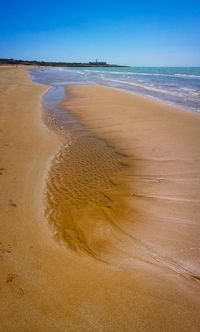 Scenic view of beach against blue sky