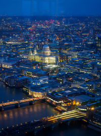 High angle view of illuminated city at night