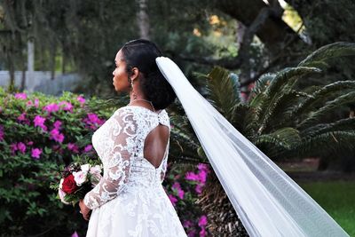 Side view of bride standing 