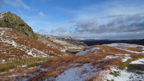 Scenic view of mountains against sky during winter