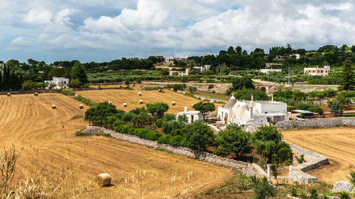 Scenic view of agricultural field by buildings against sky