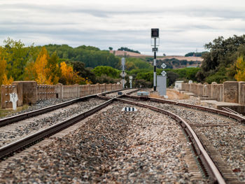 Railroad tracks amidst trees against sky