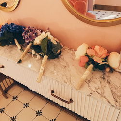 High angle view of roses on table