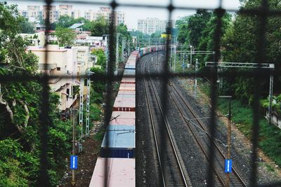 High angle view of train amidst trees