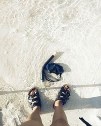 Low section of person standing on tiled floor