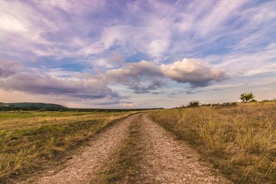 Dirt road amidst field against sky