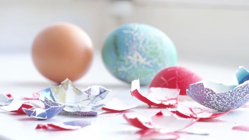 Close-up of easter eggs on table