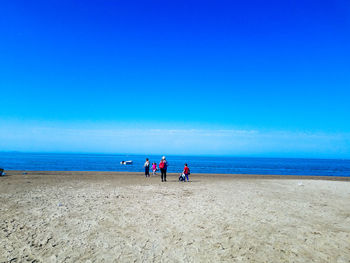 People on beach against clear blue sky